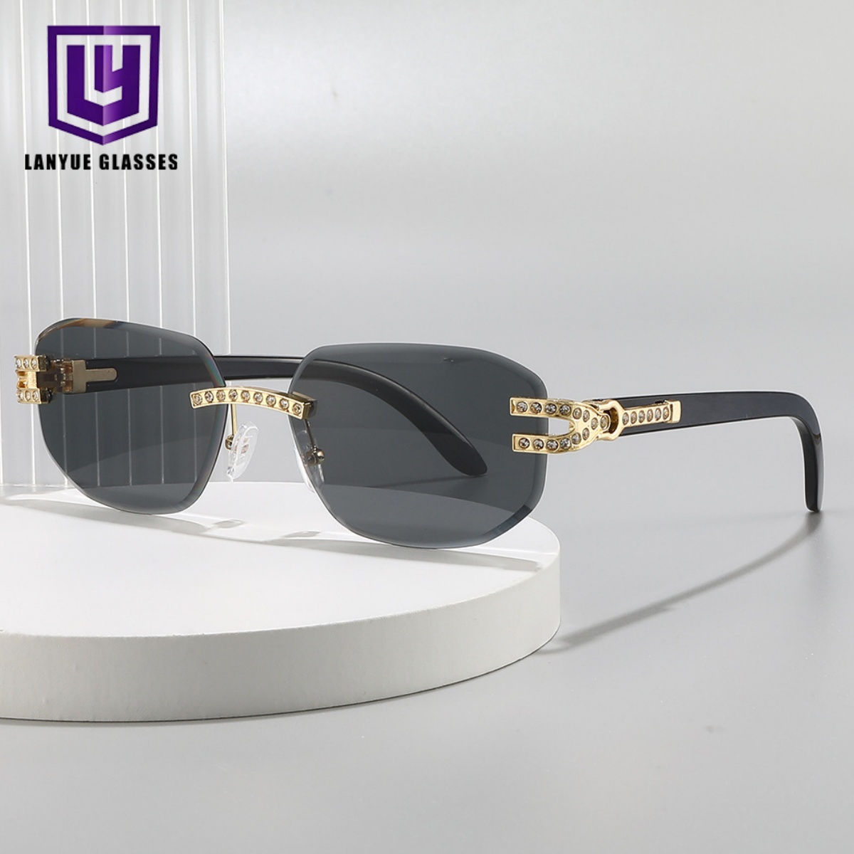 Vintage Retro Rimless Rectangle Hexagon Geometric Rhinestone Crystal Diamond Cut UV400 Fashion Luxury Men Sunglasses