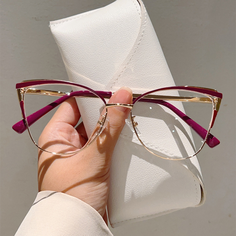 Cross-border new cat's eye full-frame plain glasses high-end feel blue light shielding metal frame reading can fit.