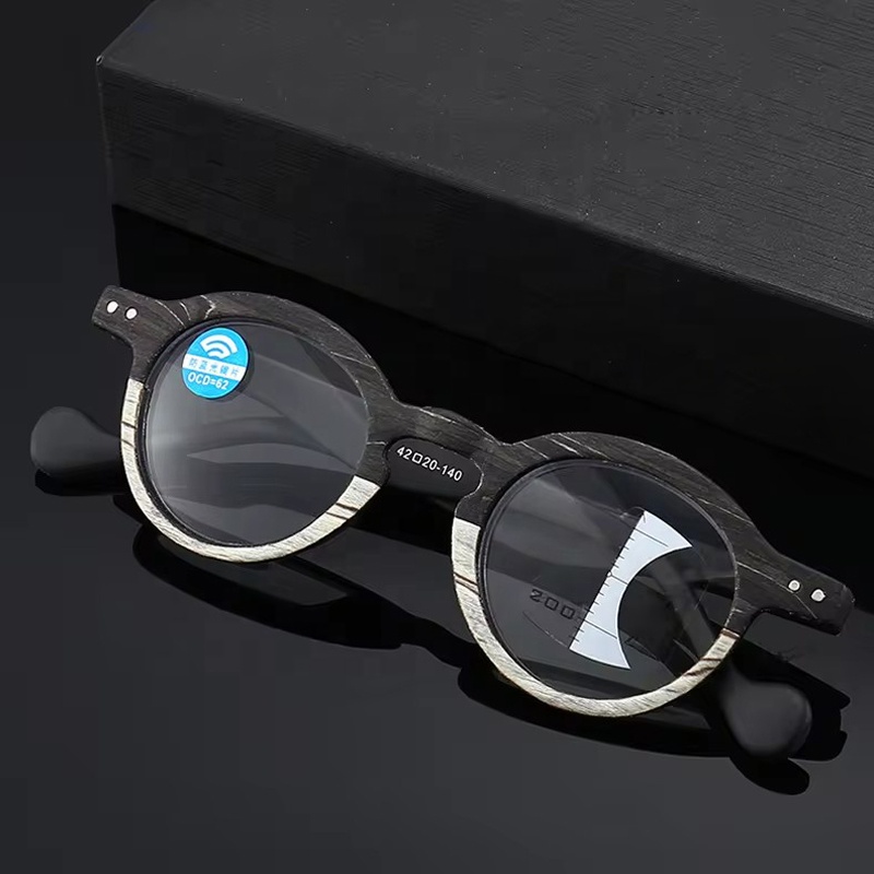 3 in 1 Progressive Multifocal Reading Glasses Plastic Wood Grain Computer Presbyopic Glasses