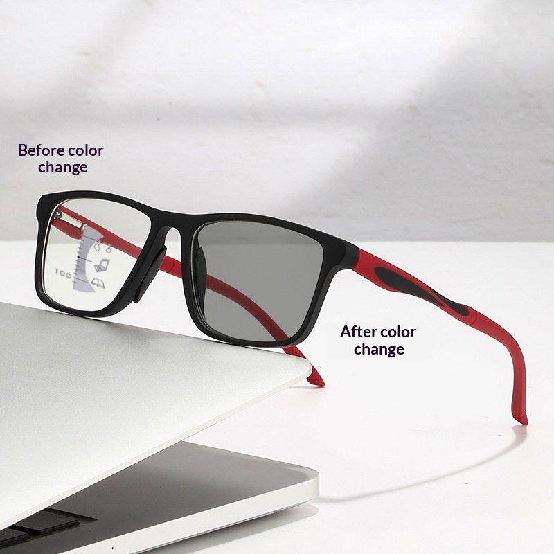 Photochromic Multi-Focus Anti-Blue Light PC Frame AC Lens Square Unisex Reading Glasses with Progressive for Distance Vision