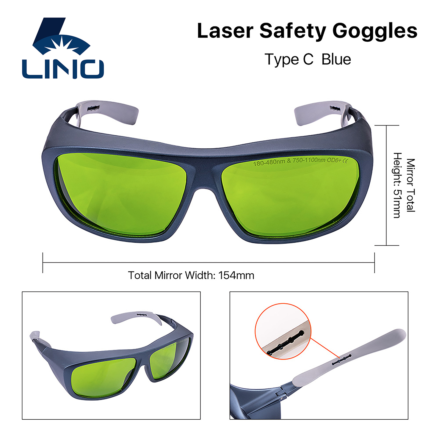Lino LN068 Safety Glasses Laser Protective Goggles180-500nm 750-1400nm for Hair Removal OD6+/8+ Laser Glasses for Eye Protection