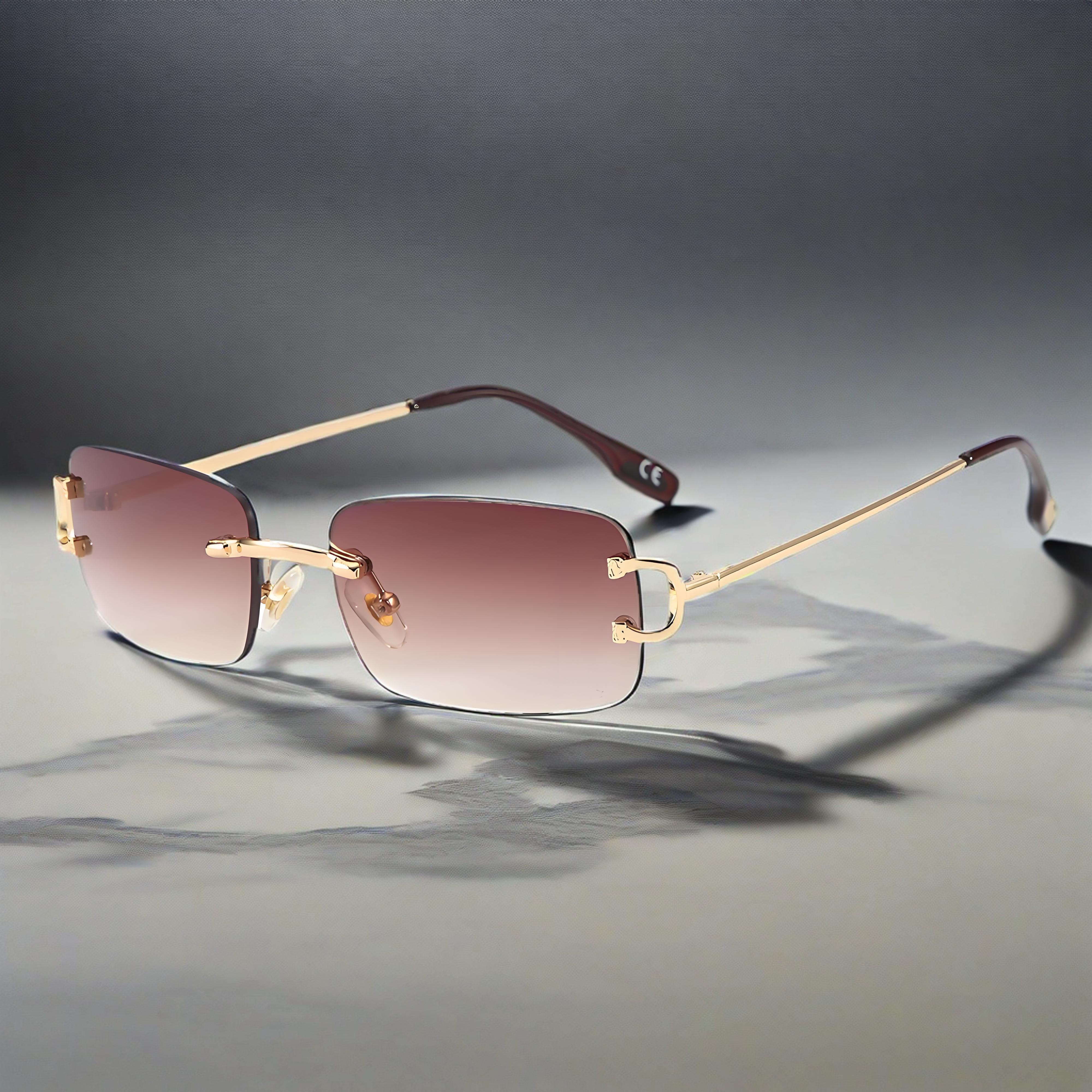 INS Inspired Retro Rimless Sunglasses for Women Wholesale Small Square Cut Edge Black Gold Metal Frame Street Shot Style Eyewear