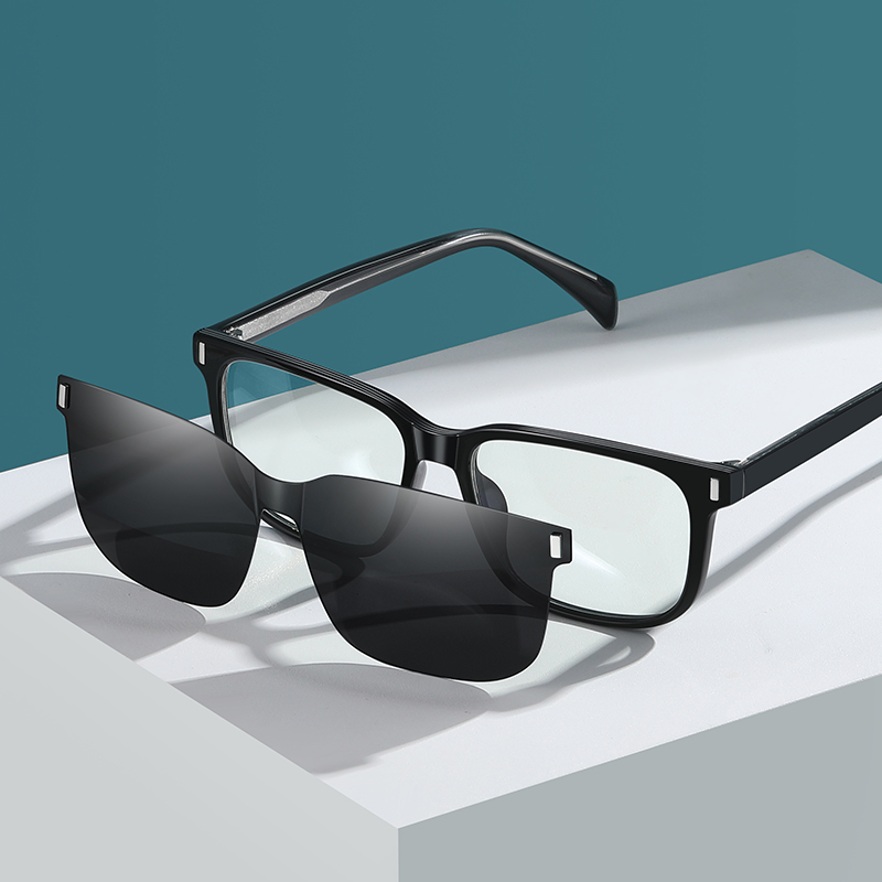 Custom Black Classic square Polarized Magnetic Clip on Shade Sunglasses Reading Glasses