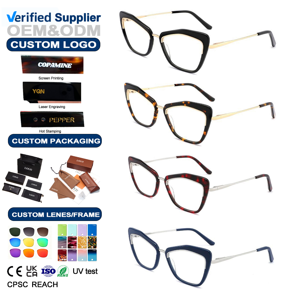 Women'S Metal Cat Eye Unique Best Eyeglass Frames Wholesale for Women Luxury Acetate Design Men Eyeglasses Frame