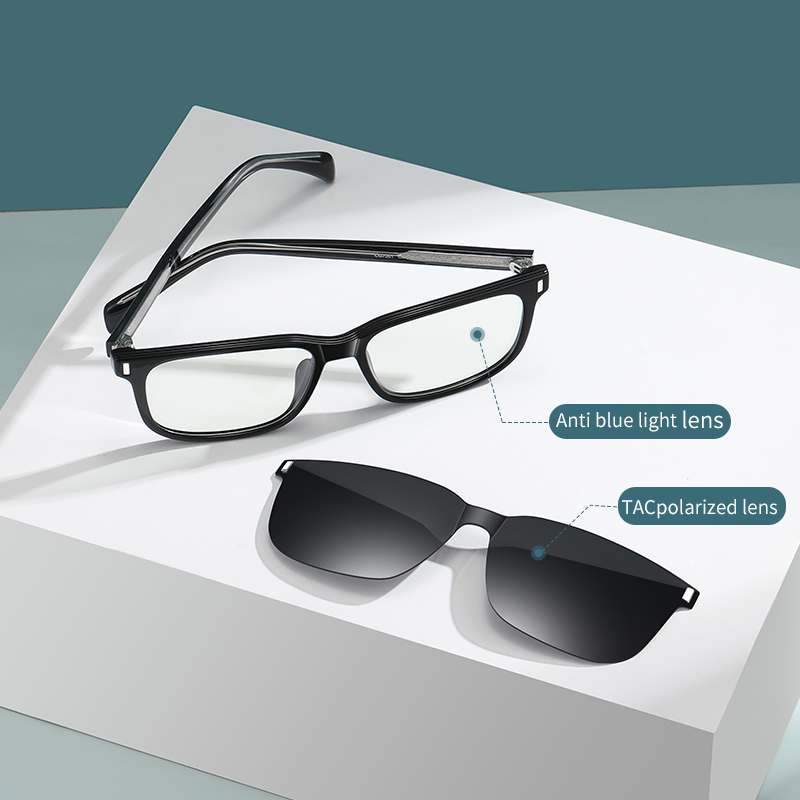Custom Black Classic square Polarized Magnetic Clip on Shade Sunglasses Reading Glasses