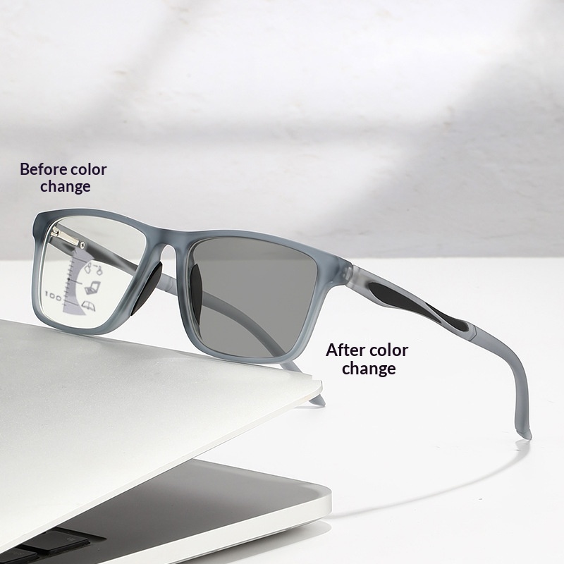 Photochromic Multi-Focus Anti-Blue Light PC Frame AC Lens Square Unisex Reading Glasses with Progressive for Distance Vision