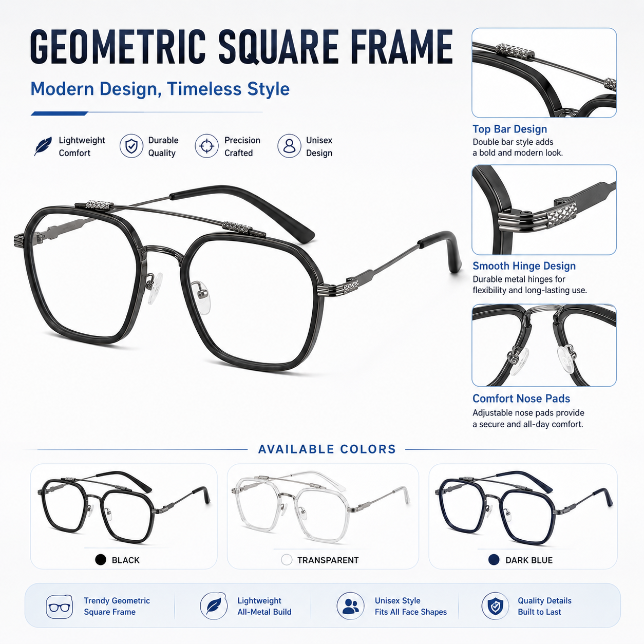 Hot Sales Blue Light Blocking Fashion High-End Unisex Optical Glasses Light Weight Clear Black Square Frame Eyeglasses