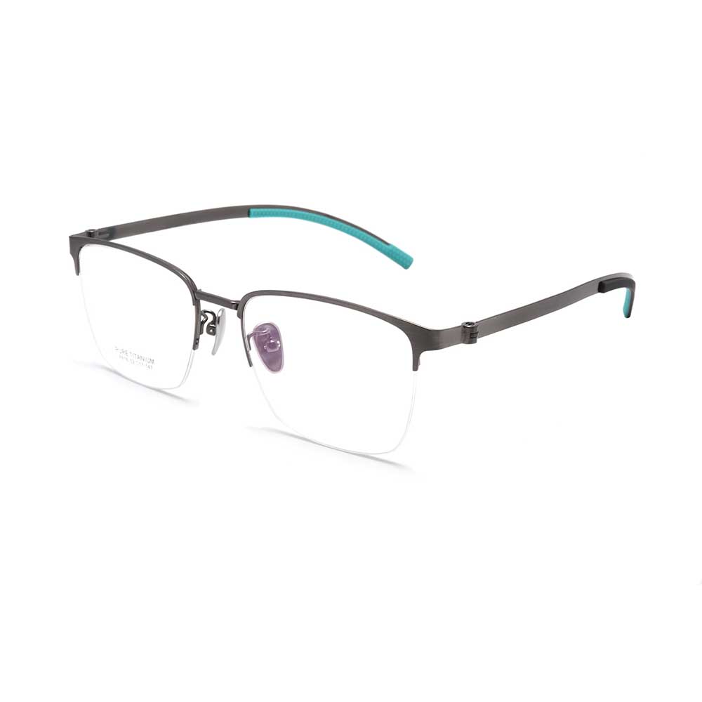 Blue Titanium Square Half Frame Spectacle Eyeglasses for Youth Men Optical Glass with Blue Light Feature for Reading