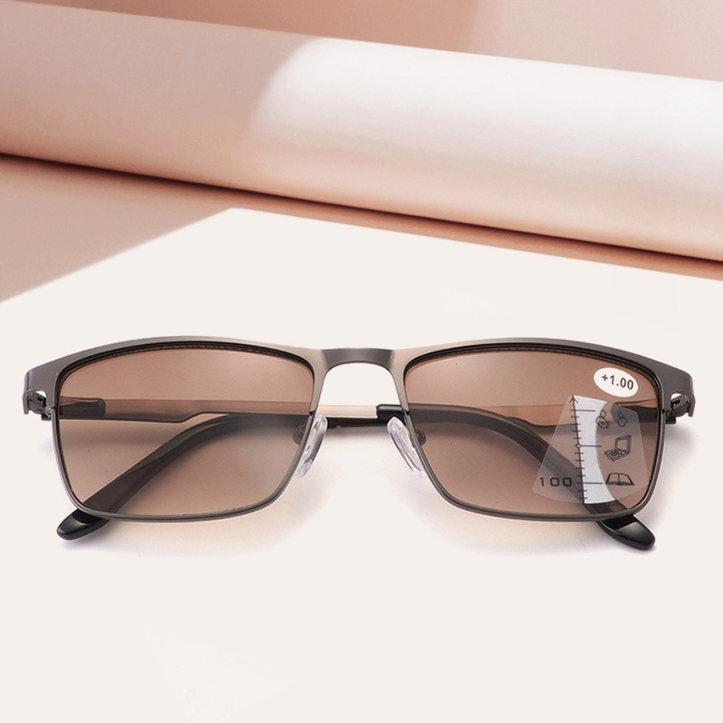 2026 New Multi Focus Progressive Sunreader Square Gray Lens Unisex Metal Style Prescription Reading Glasses Anti-Blue Light
