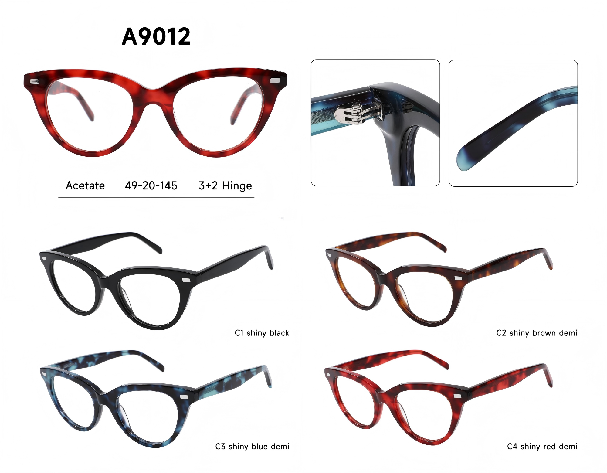 A9012 Retro Fashion Cat Eye Glasses Acetate Frames Optical Eyeglasses Customize logo for Women