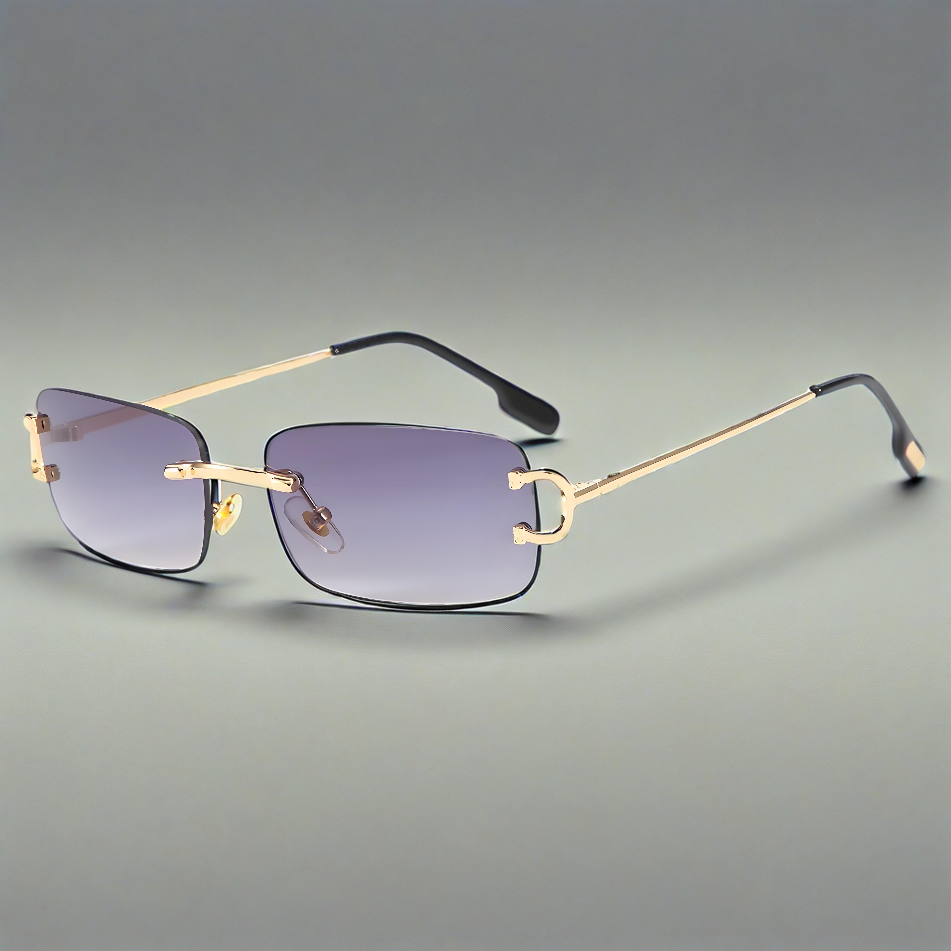 INS Inspired Retro Rimless Sunglasses for Women Wholesale Small Square Cut Edge Black Gold Metal Frame Street Shot Style Eyewear
