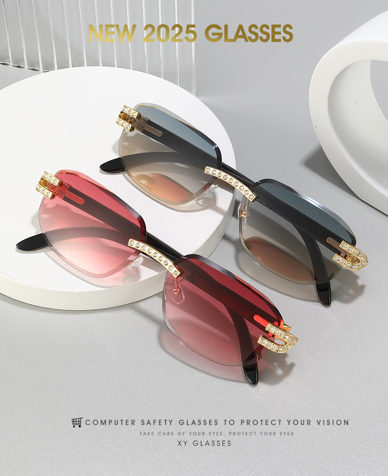 Vintage Retro Rimless Rectangle Hexagon Geometric Rhinestone Crystal Diamond Cut UV400 Fashion Luxury Men Sunglasses