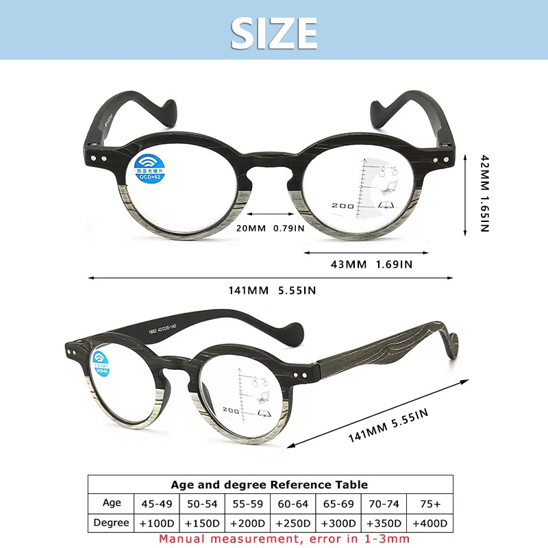 3 in 1 Progressive Multifocal Reading Glasses Plastic Wood Grain Computer Presbyopic Glasses