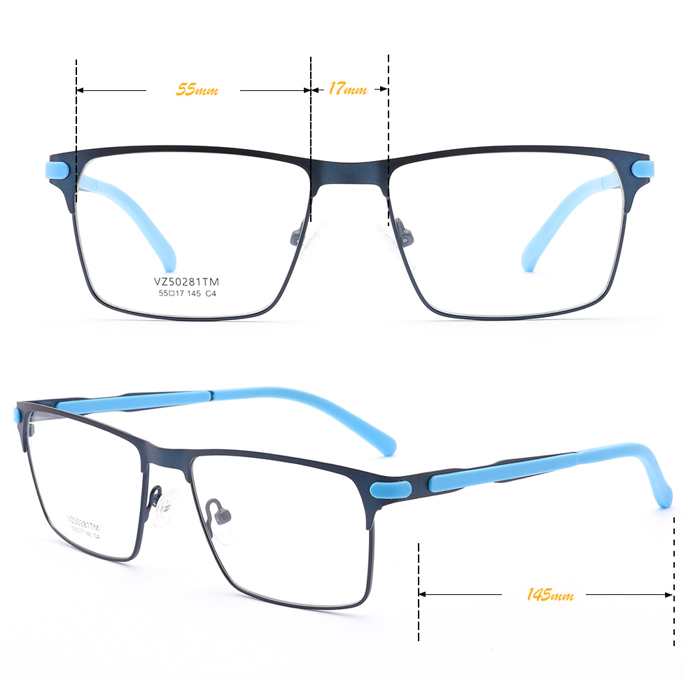 Lightweight Sport Metal Square Full-Rim Glasses Rubber Temple Good Plating Blue Stainless Steel Optical Eyeglasses Frames Unisex
