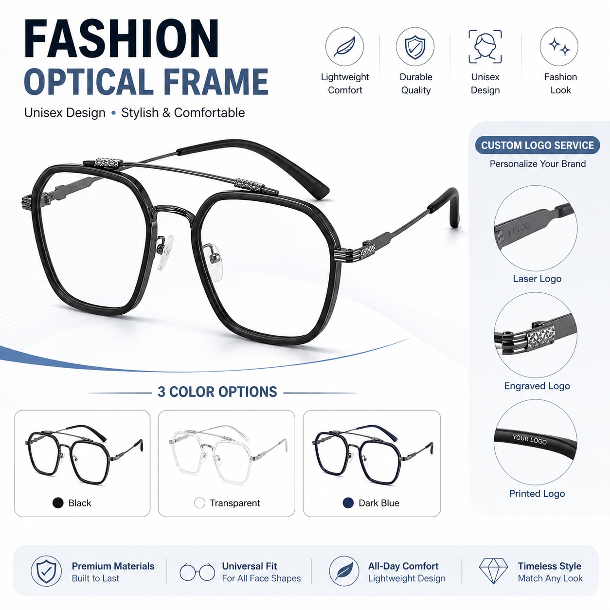 Hot Sales Blue Light Blocking Fashion High-End Unisex Optical Glasses Light Weight Clear Black Square Frame Eyeglasses