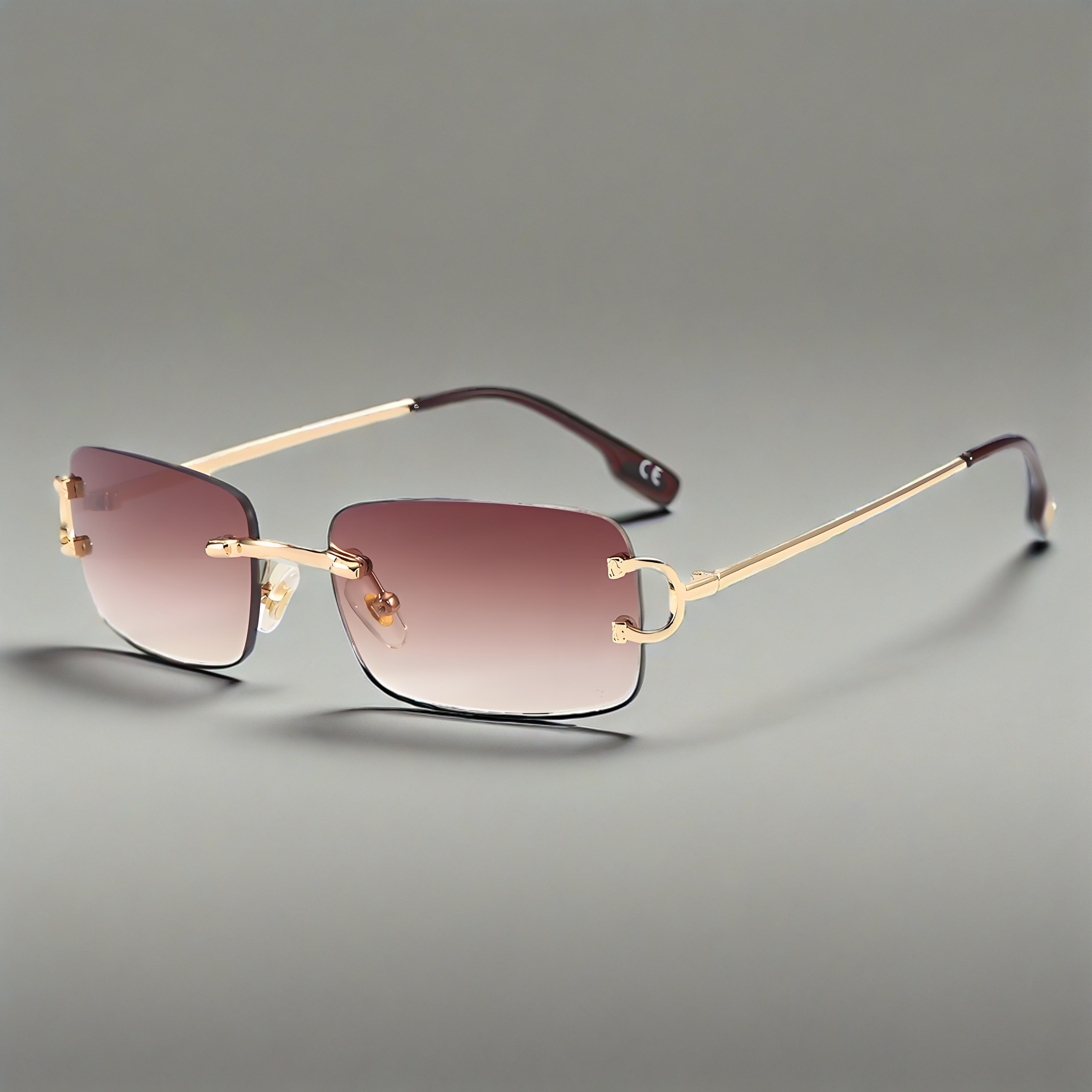 INS Inspired Retro Rimless Sunglasses for Women Wholesale Small Square Cut Edge Black Gold Metal Frame Street Shot Style Eyewear