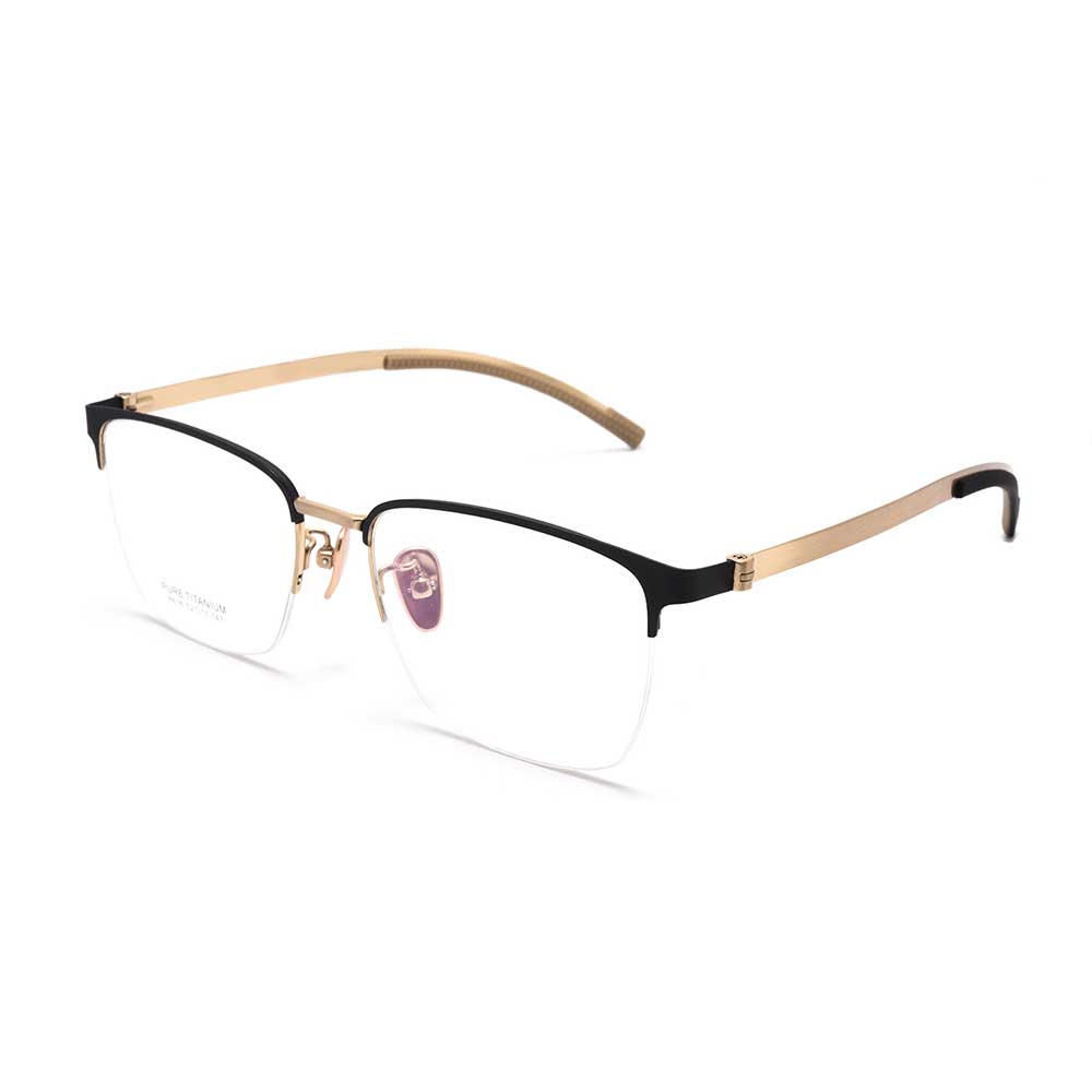Blue Titanium Square Half Frame Spectacle Eyeglasses for Youth Men Optical Glass with Blue Light Feature for Reading