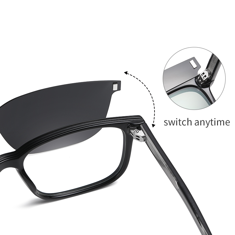 Custom Black Classic square Polarized Magnetic Clip on Shade Sunglasses Reading Glasses