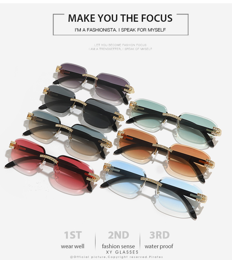 Vintage Retro Rimless Rectangle Hexagon Geometric Rhinestone Crystal Diamond Cut UV400 Fashion Luxury Men Sunglasses