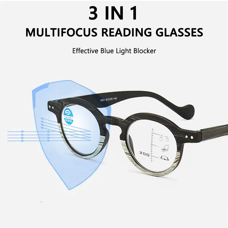 3 in 1 Progressive Multifocal Reading Glasses Plastic Wood Grain Computer Presbyopic Glasses