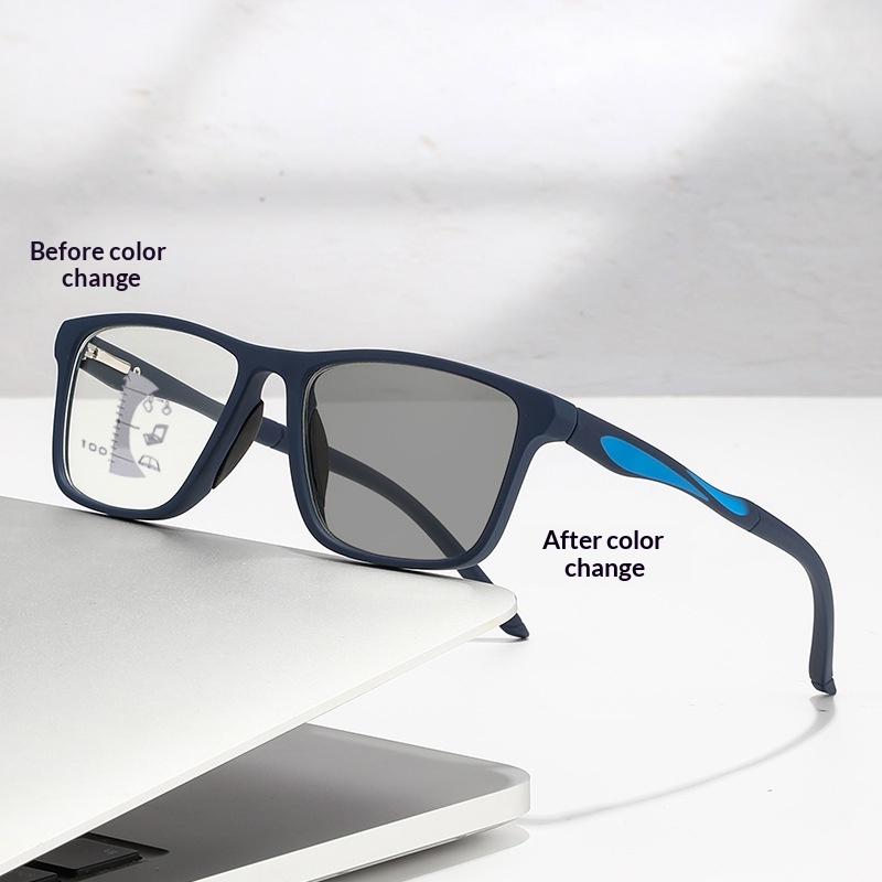 Photochromic Multi-Focus Anti-Blue Light PC Frame AC Lens Square Unisex Reading Glasses with Progressive for Distance Vision