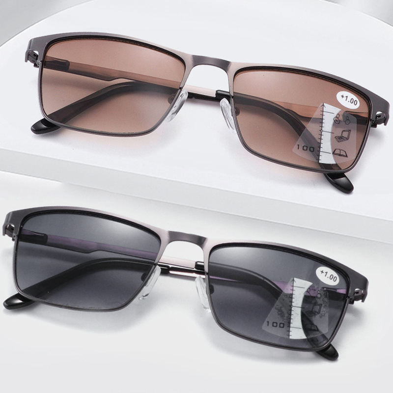 2026 New Multi Focus Progressive Sunreader Square Gray Lens Unisex Metal Style Prescription Reading Glasses Anti-Blue Light