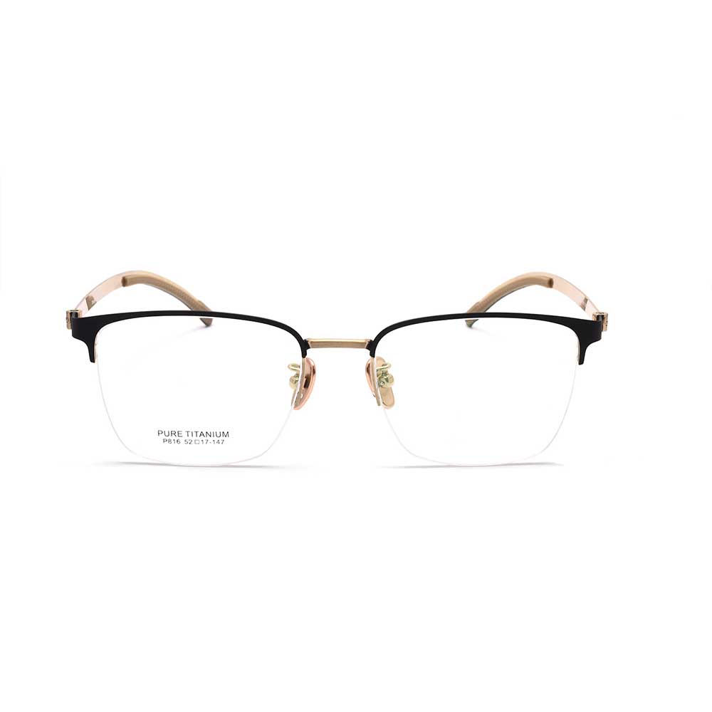 Blue Titanium Square Half Frame Spectacle Eyeglasses for Youth Men Optical Glass with Blue Light Feature for Reading