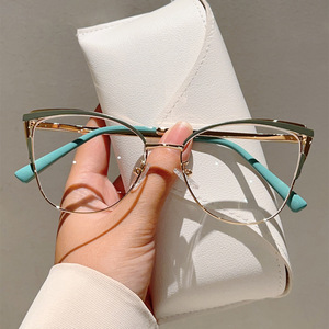 Cross-border new cat's eye full-frame plain glasses high-end feel blue light shielding metal frame reading can fit.