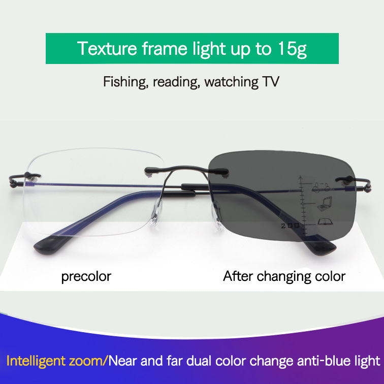 Wholesale Intelligent Multifocal Progressive Reading Glasses Rimless Titanium Anti Blue Light Photochromic Glasses for Men Women